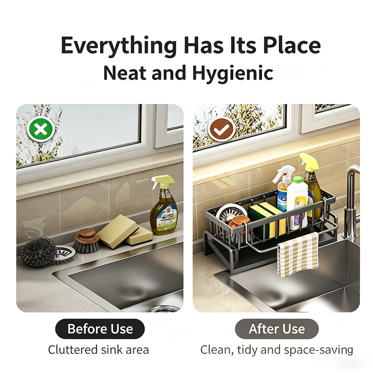 Metal Kitchen Sink Organizer with Auto-Drain Tray